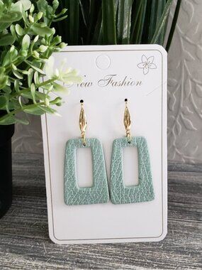 Hand Crafted Polymer Clay Green Leather Look and Gold Earrings - NEW